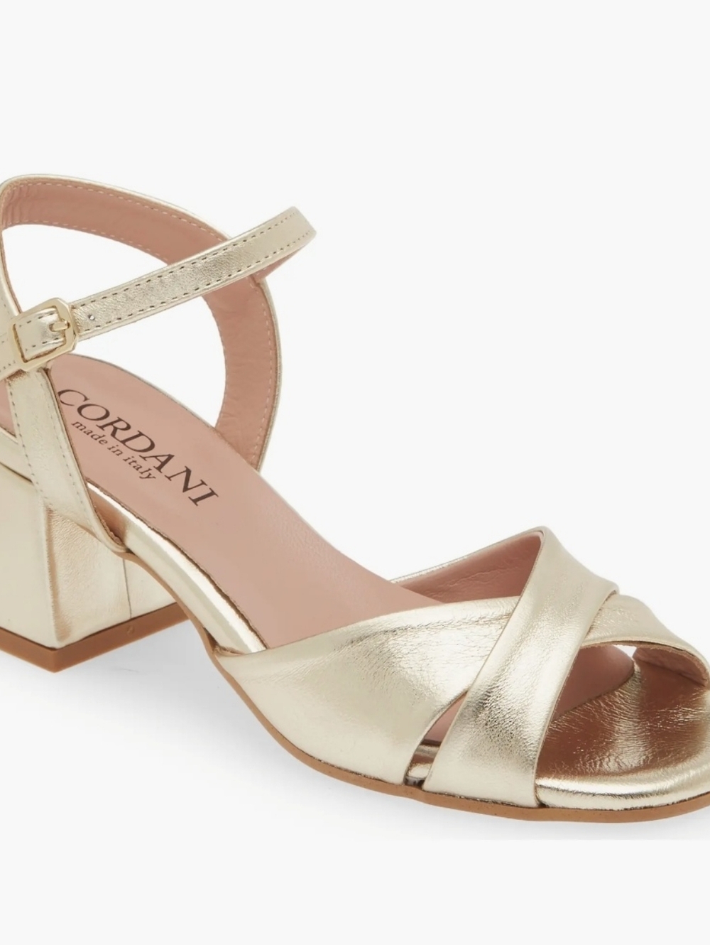 Size  7.5 Cordani  Made In Italy Gold Crossover   Block Heel Sandals Retail 265$